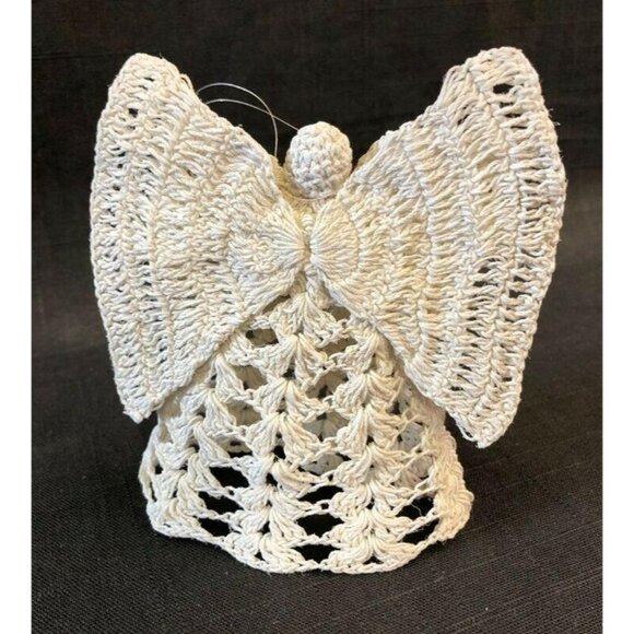 Angel Ornaments 2 Vintage Crochet Handcrafted Christmas Starched White Wings - Picture 6 of 10